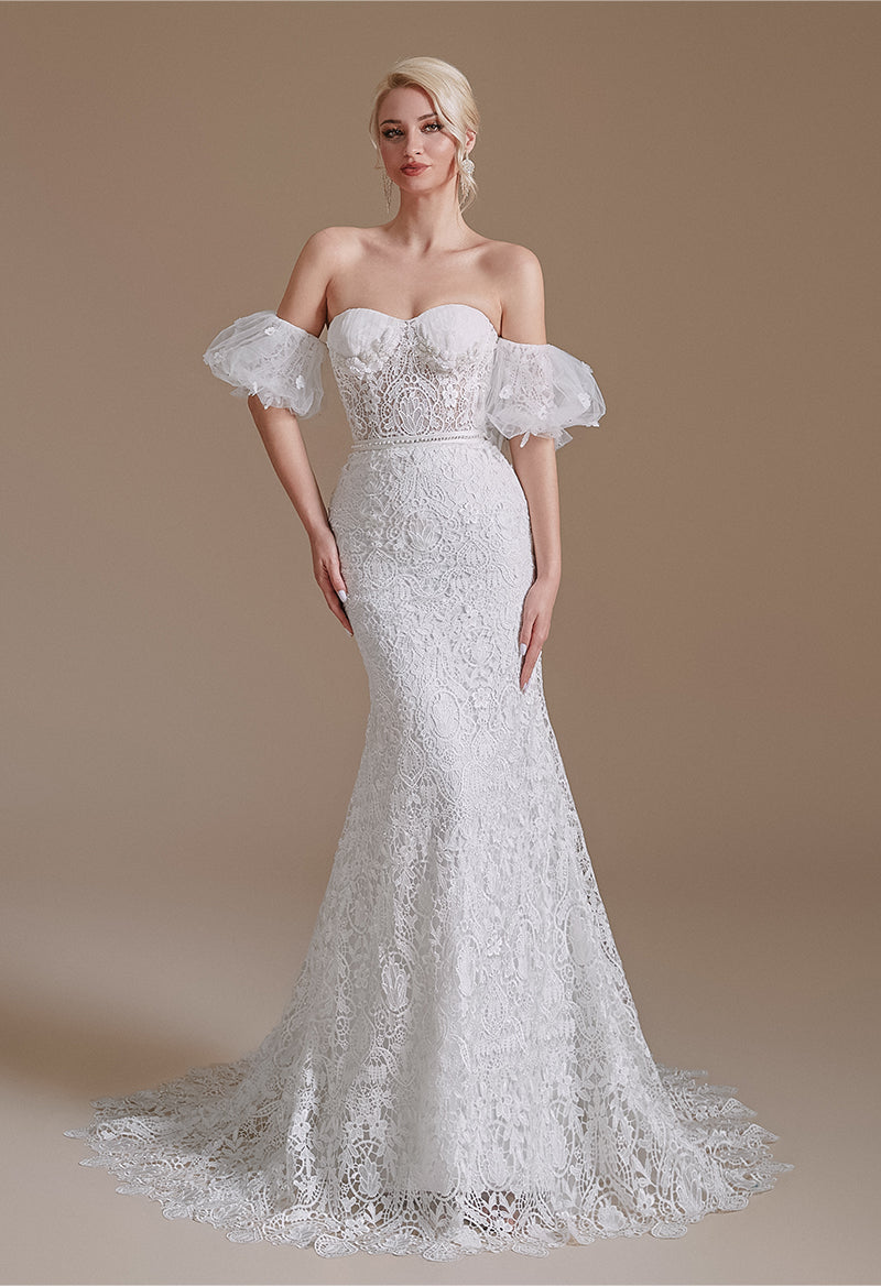 Sweetheart Neck Detachable Sleeves Lace Sweep Train Backless Wedding Dress As Picture