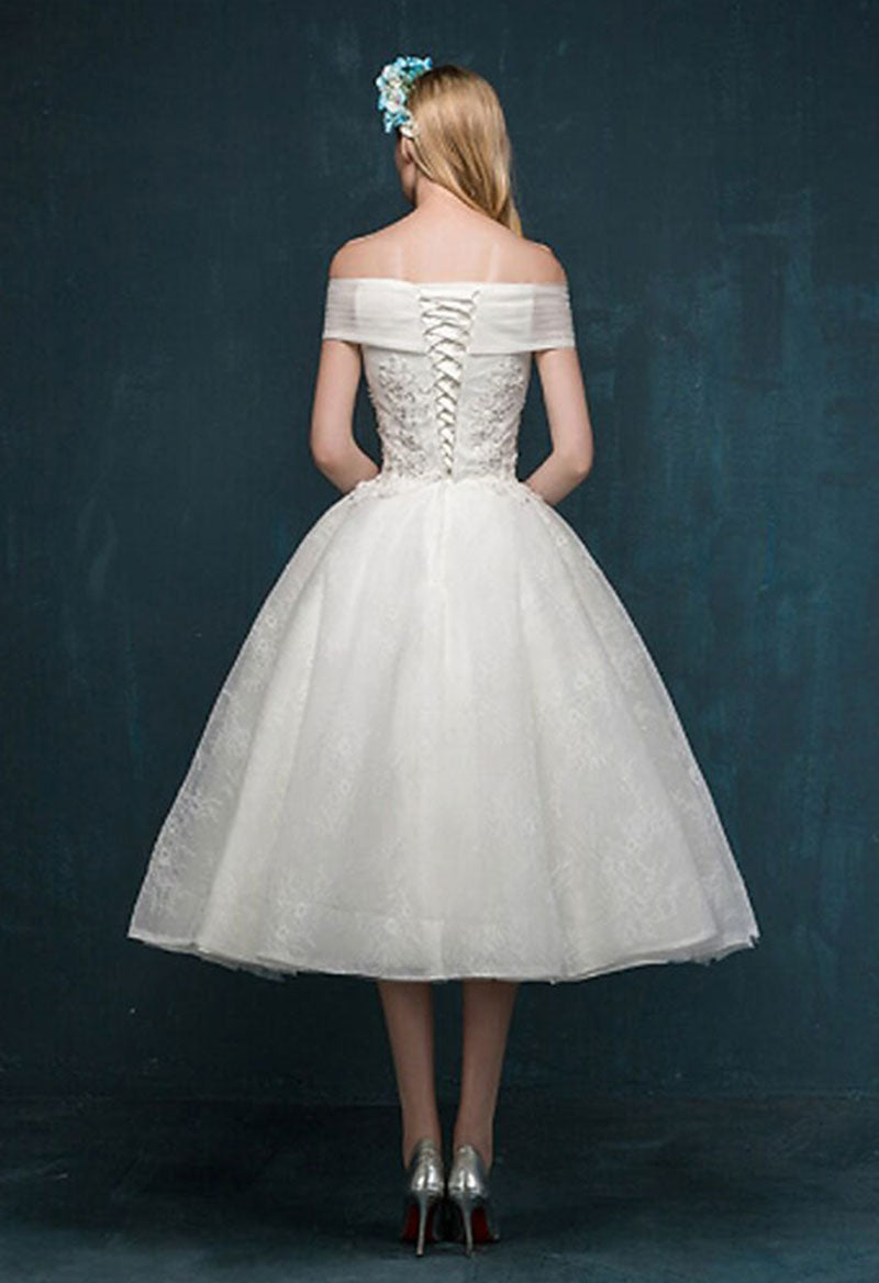 A-Line Short Sleeve Off Shoulder Beading Sequin Wedding Dress