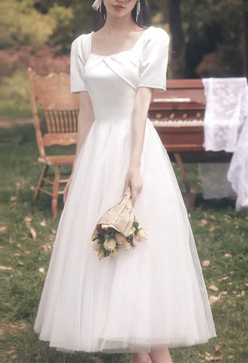 Tea Length A-Line Short Sleeve Square Neck Satin Wedding Dress As Picture