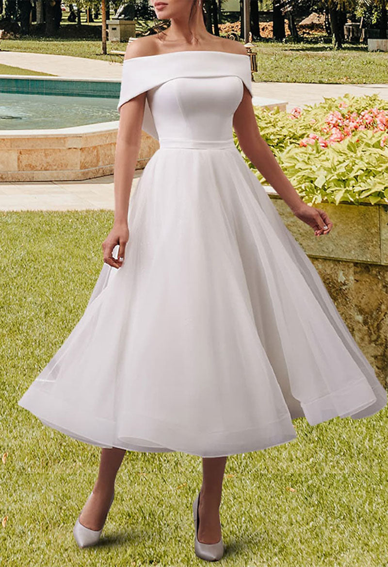 Open Back Tea Length A-Line Sleeveless Off Shoulder Satin Wedding Dress As Picture