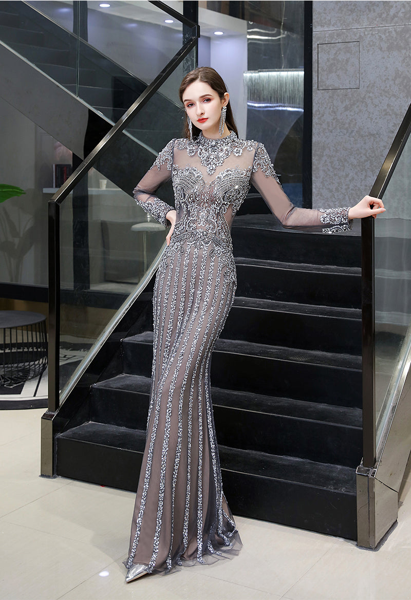 Luxury Rhinestone Long Sleeve Turtleneck Evening Dress As Picture
