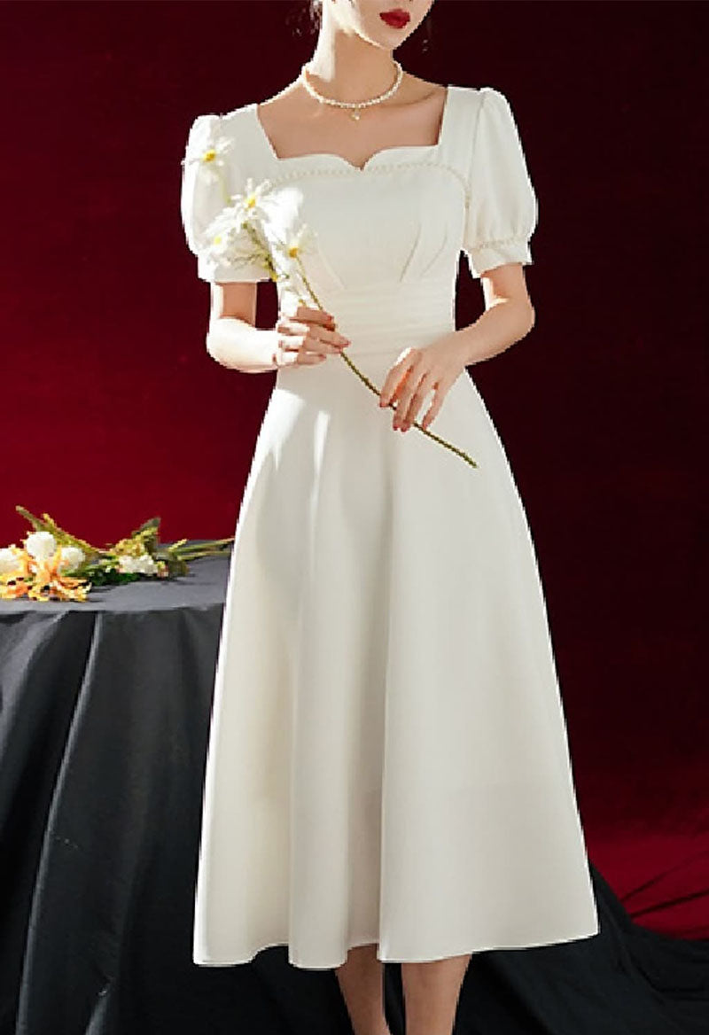 A-Line Short Sleeve Square Neck Pleated Bead Wedding Dress As Picture
