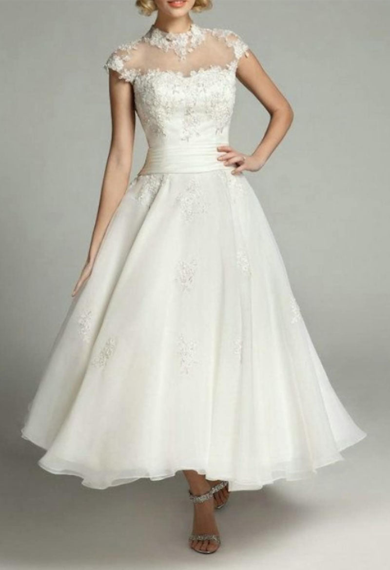 Vintage Ankle Length Short Sleeve Jewel Neck Pleated Appliques Wedding Dress As Picture