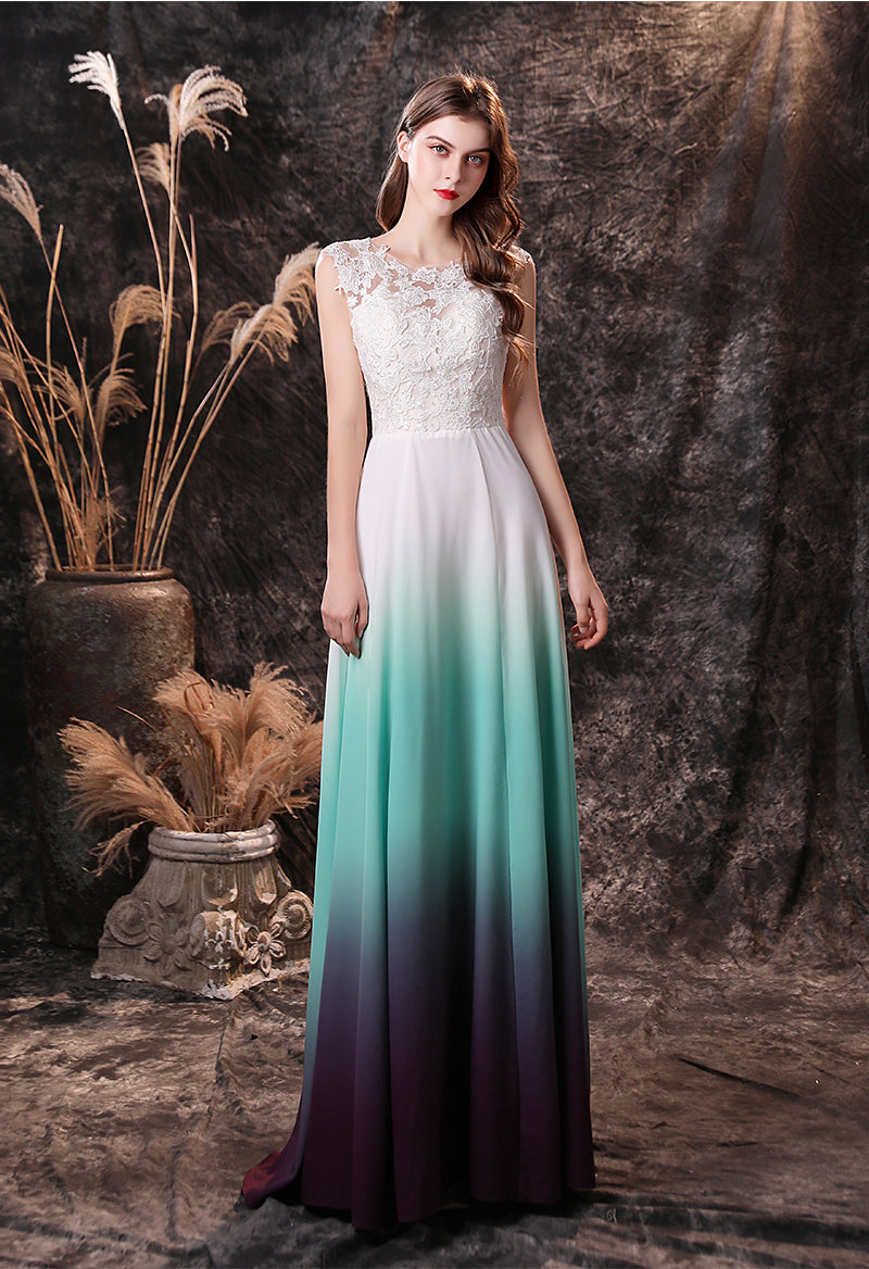 Lace Tie-Dye Sleeveless Jewel Neck Key Hole Prom Dress Green