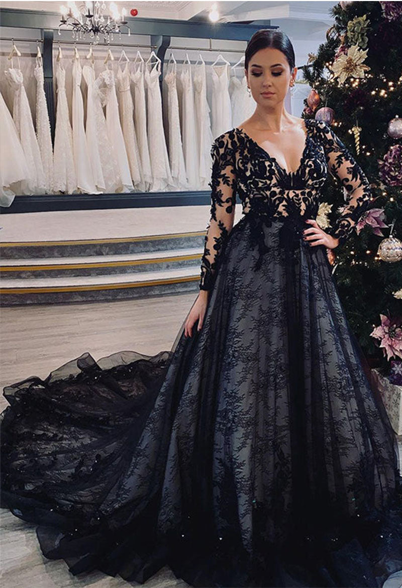 Lace Applique V-Neck Long Sleeve Court Train Wedding Dresse Black