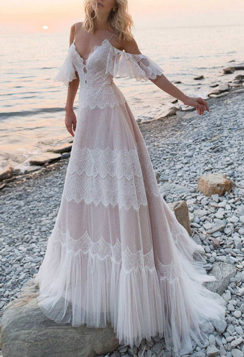 Boho V Neck Ruffle Short Sleeve Beach Wedding Dress As Picture