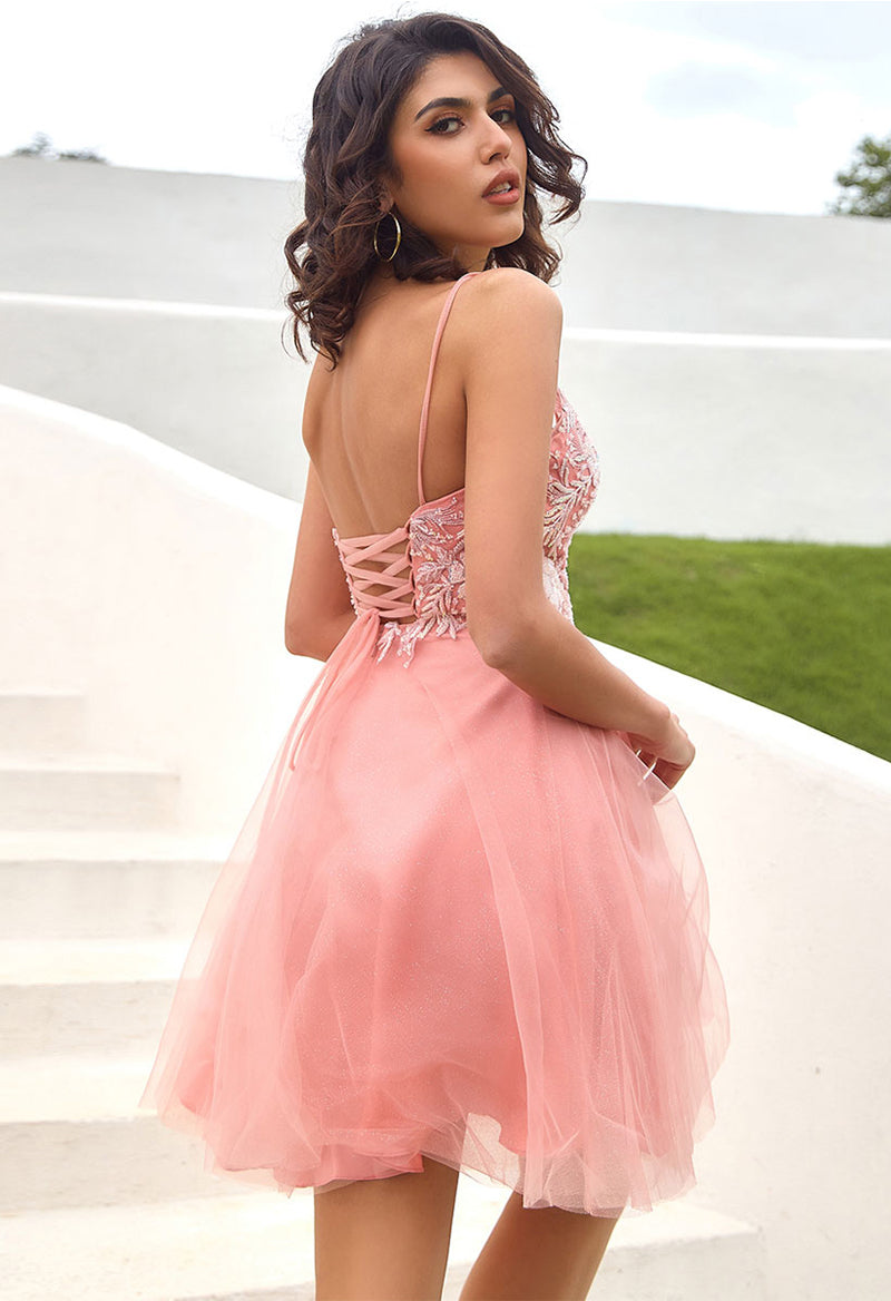 V Neck Tulle Appliqué Lace-Up Sleeveless Homecoming Dress