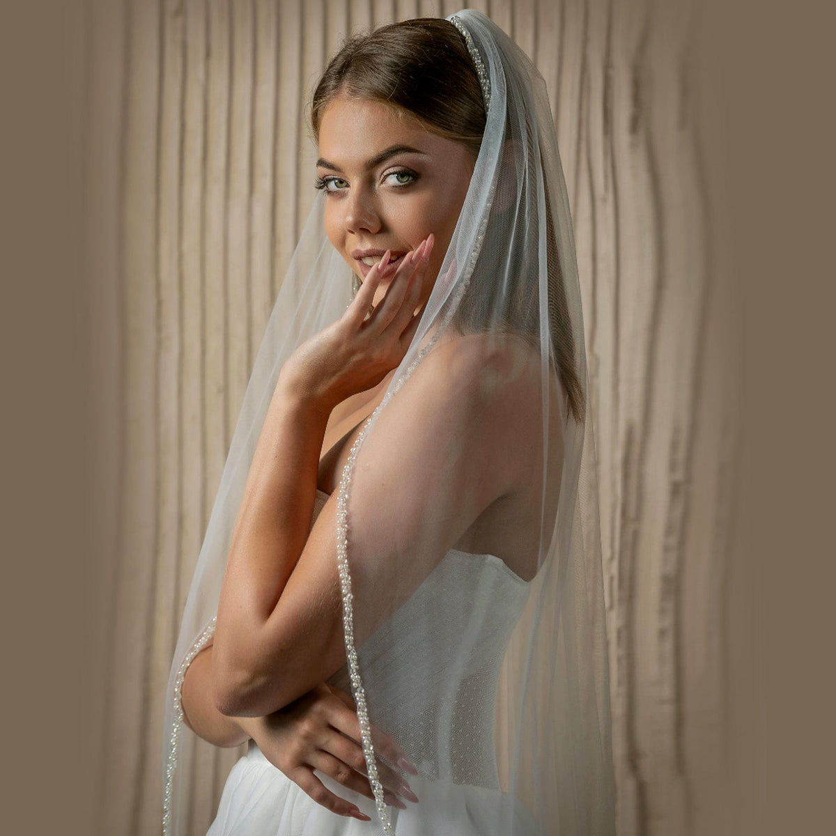 Crystal Pearl Bound Bridal Veil With Haircomb