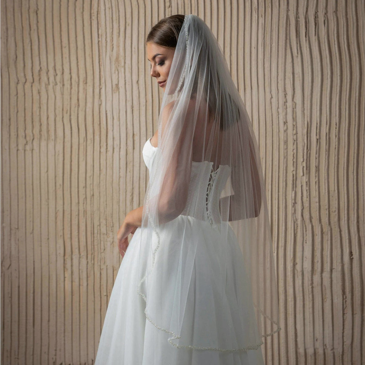 Crystal Pearl Bound Bridal Veil With Haircomb