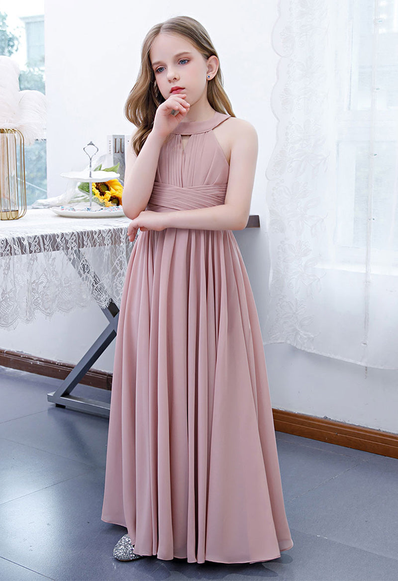 Simple Chiffon Pleated Scoop Neck Sleeveless Flower Girl Dress As Picture