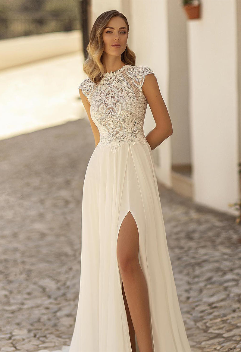 Bohemian Slit Short Sleeve Wedding Dress As Picture