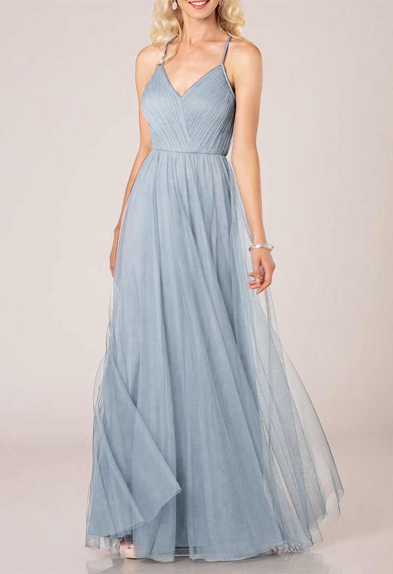 V Neck Pleated Chiffon Tulle Straps Bridesmaid Dress As Picture
