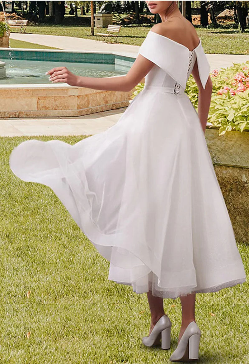 Open Back Tea Length A-Line Sleeveless Off Shoulder Satin Wedding Dress