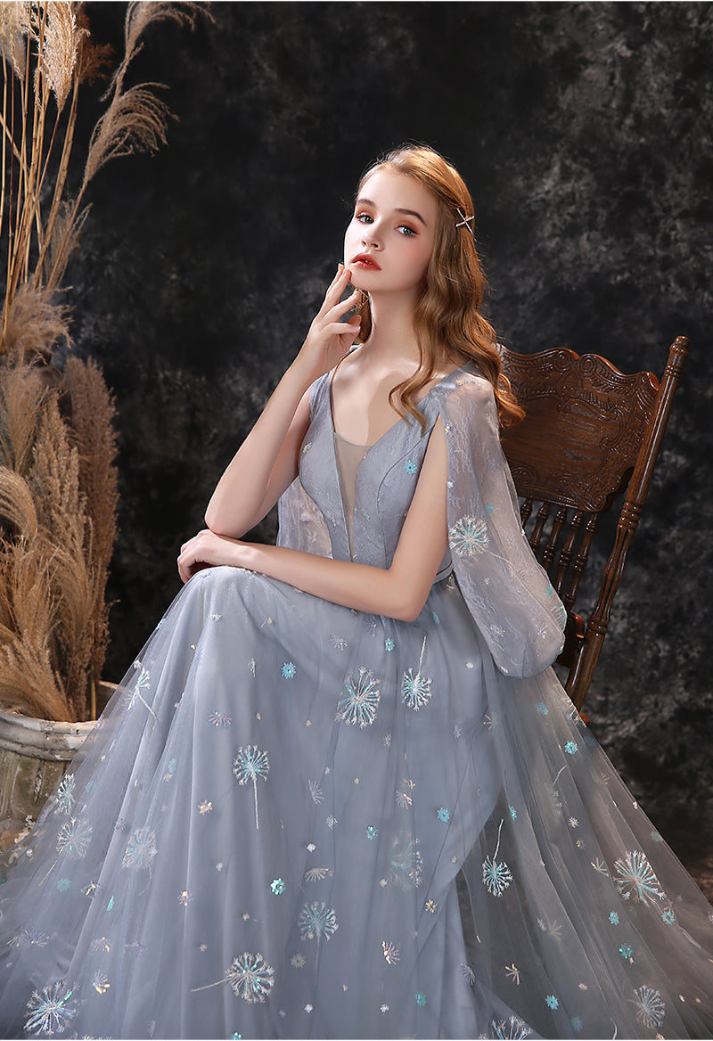 Sequined Fringed Sleeve Jewel Neck Prom Dress