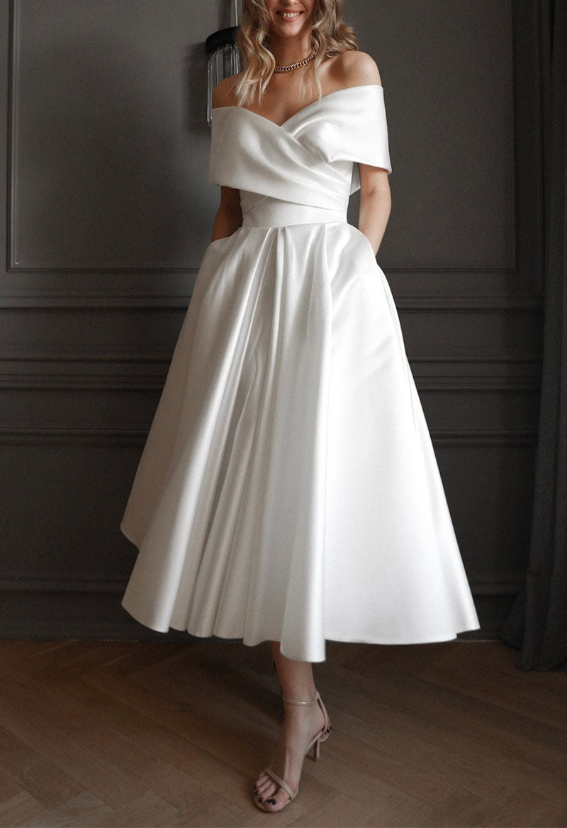 Open Back Pleated Tea Length A-Line Sleeveless Off Shoulder Satin Wedding Dress As Picture