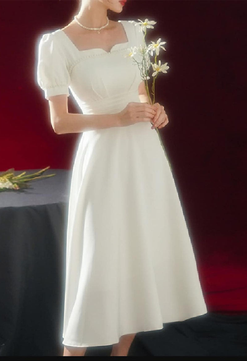 A-Line Short Sleeve Square Neck Pleated Bead Wedding Dress