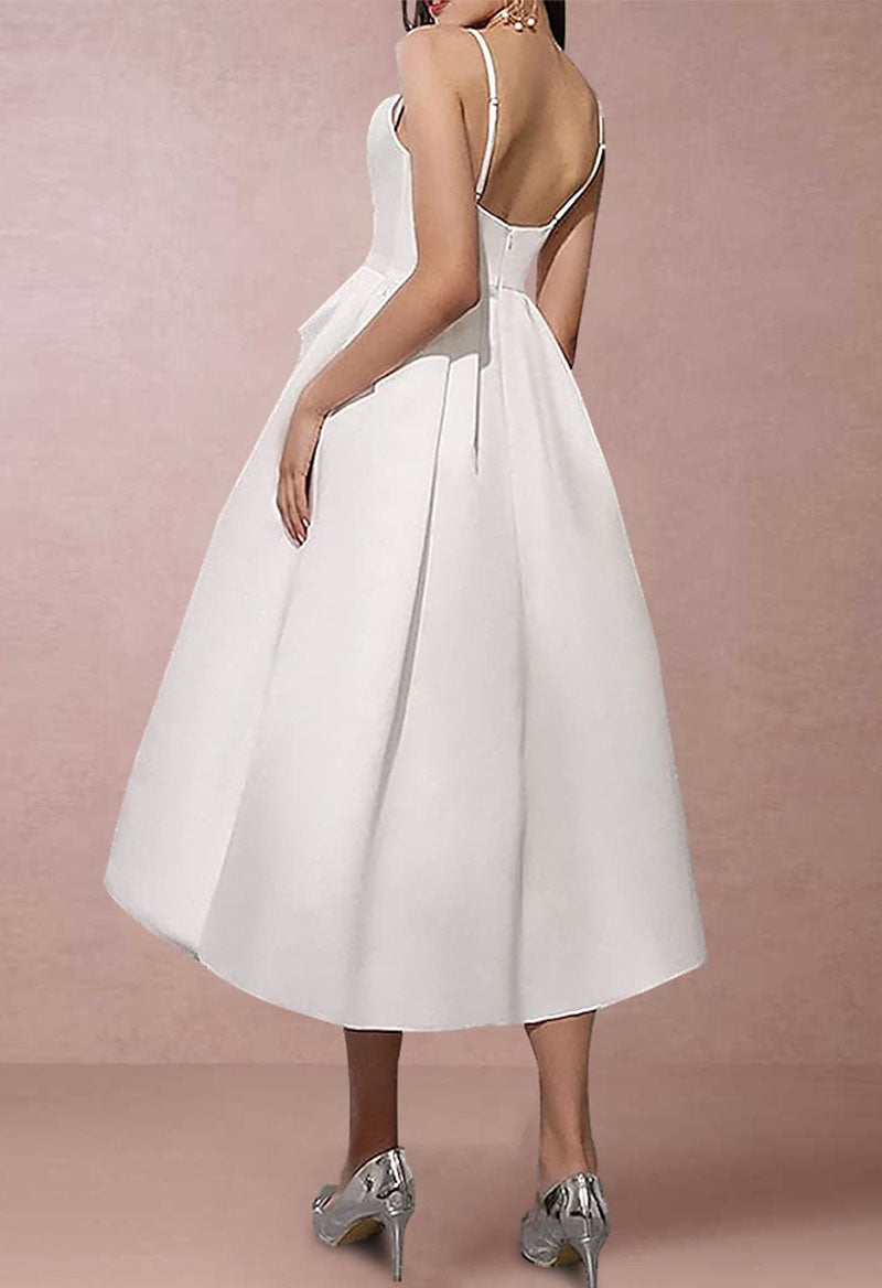 Open Back Tea Length A-Line Sleeveless Jewel Neck Pleated Wedding Dress