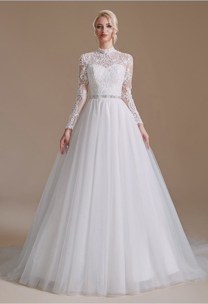 Traditional Long Sleeve Tulle Lace Wedding Dress As Picture