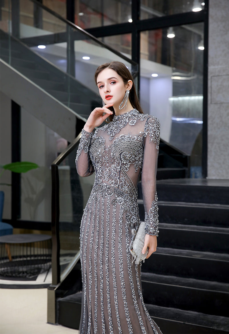 Luxury Rhinestone Long Sleeve Turtleneck Evening Dress