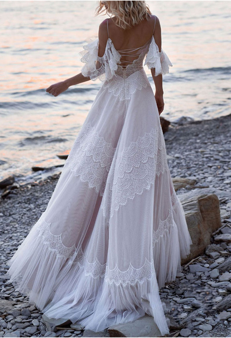Boho V Neck Ruffle Short Sleeve Beach Wedding Dress