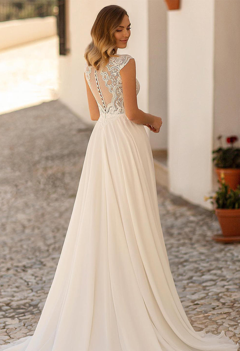 Bohemian Slit Short Sleeve Wedding Dress