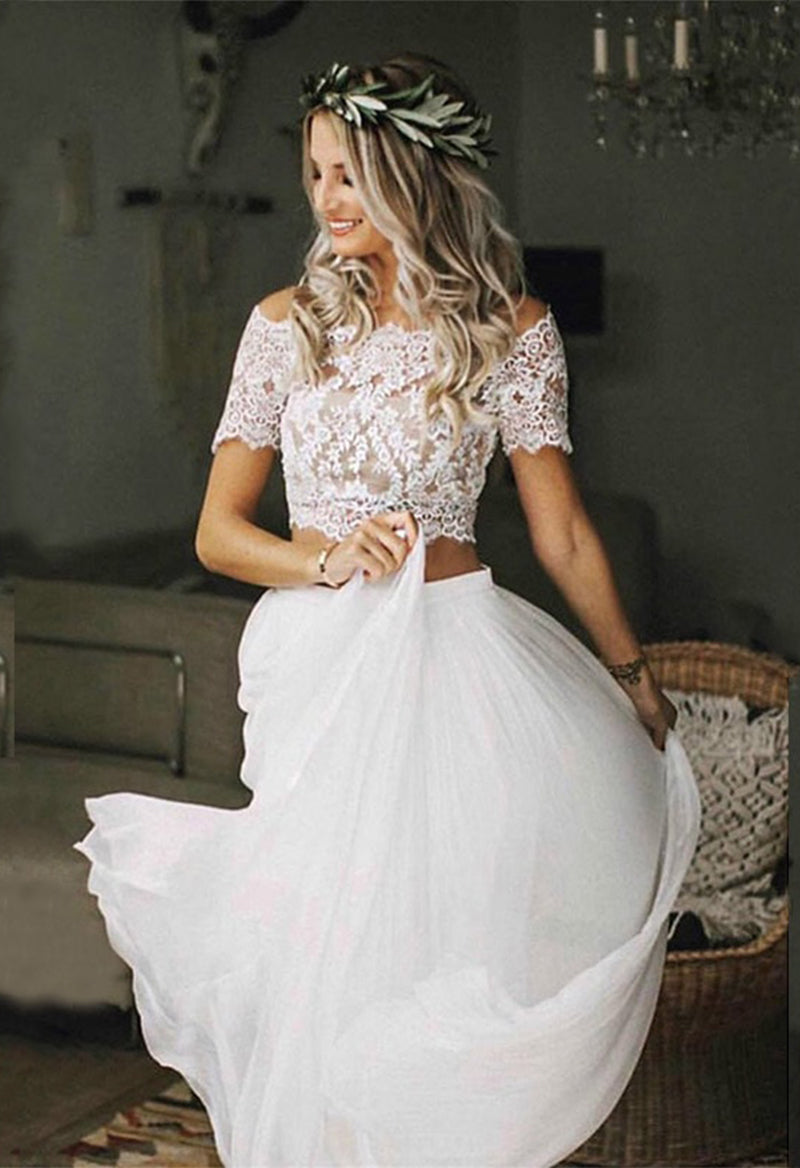 Bohemian Jeweled Neck Short Sleeve Two-Piece Wedding Dress As Picture