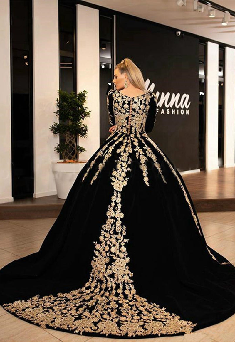 Gold Lace Applique Ball Gown Church Wedding Dress
