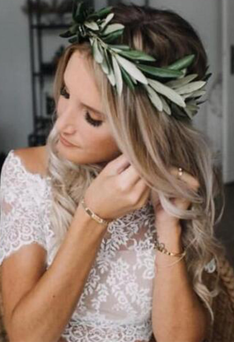 Bohemian Jeweled Neck Short Sleeve Two-Piece Wedding Dress