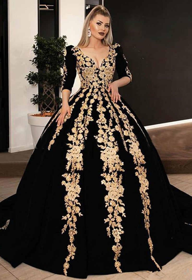Gold Lace Applique Ball Gown Church Wedding Dress Black