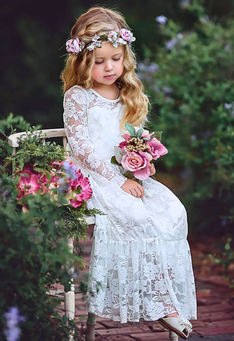 Satin Lace Scoop Neck Long Sleeve Lace-Up Flower Girl Dress