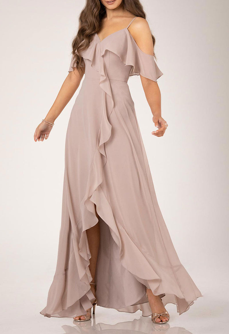 Elegant Ruffled High And Low Short Sleeve Bridesmaid Dress As Picture