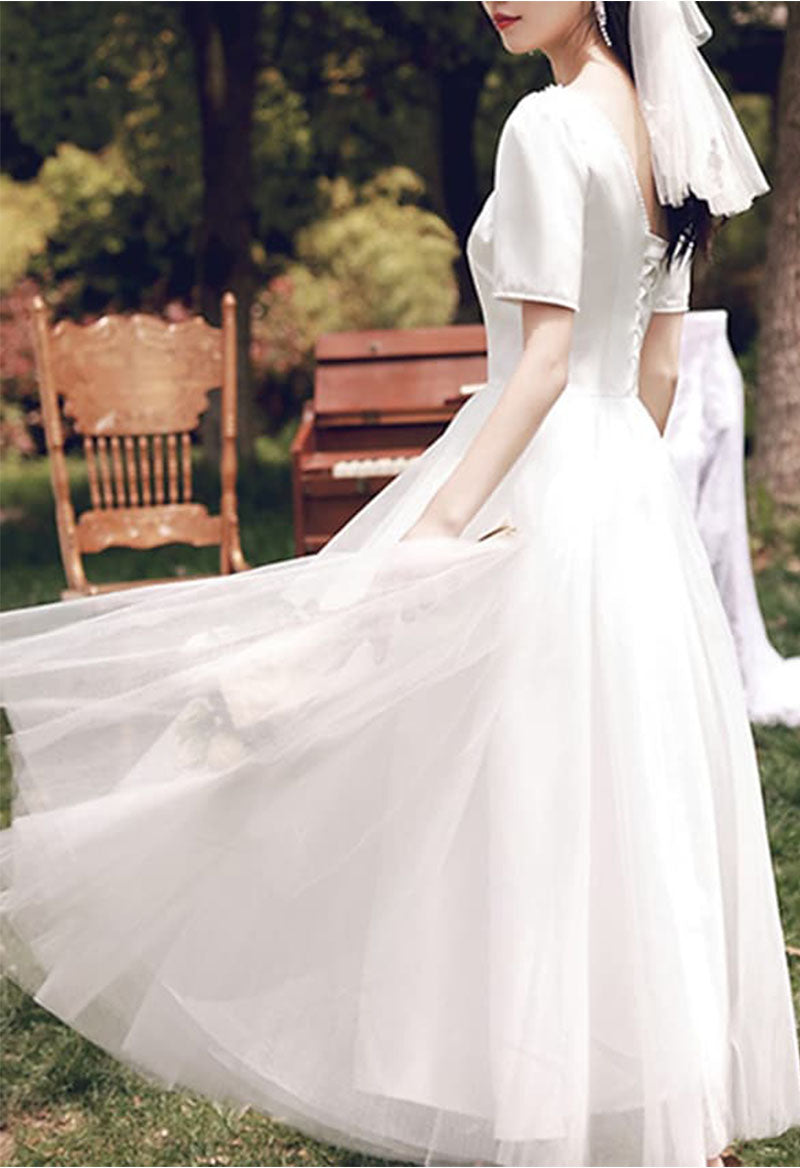 Tea Length A-Line Short Sleeve Square Neck Satin Wedding Dress