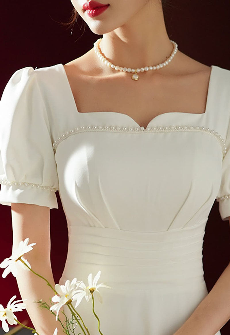 A-Line Short Sleeve Square Neck Pleated Bead Wedding Dress