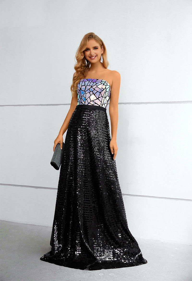 Strapless Sparkly Lace Patchwork Sweep Train Eening Dress