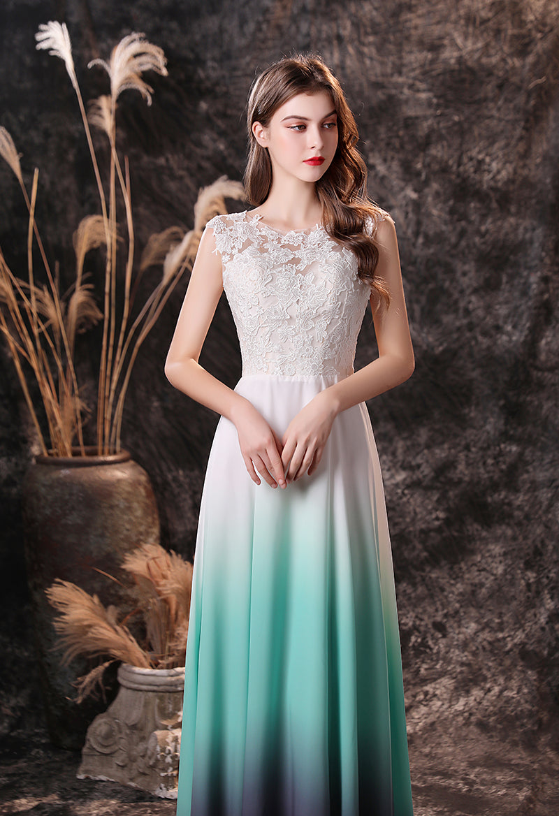 Lace Tie-Dye Sleeveless Jewel Neck Key Hole Prom Dress