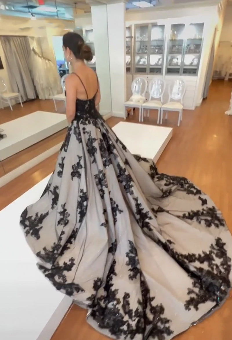 Lace Applique Chapel Train Sleeveless Wedding Dress Black