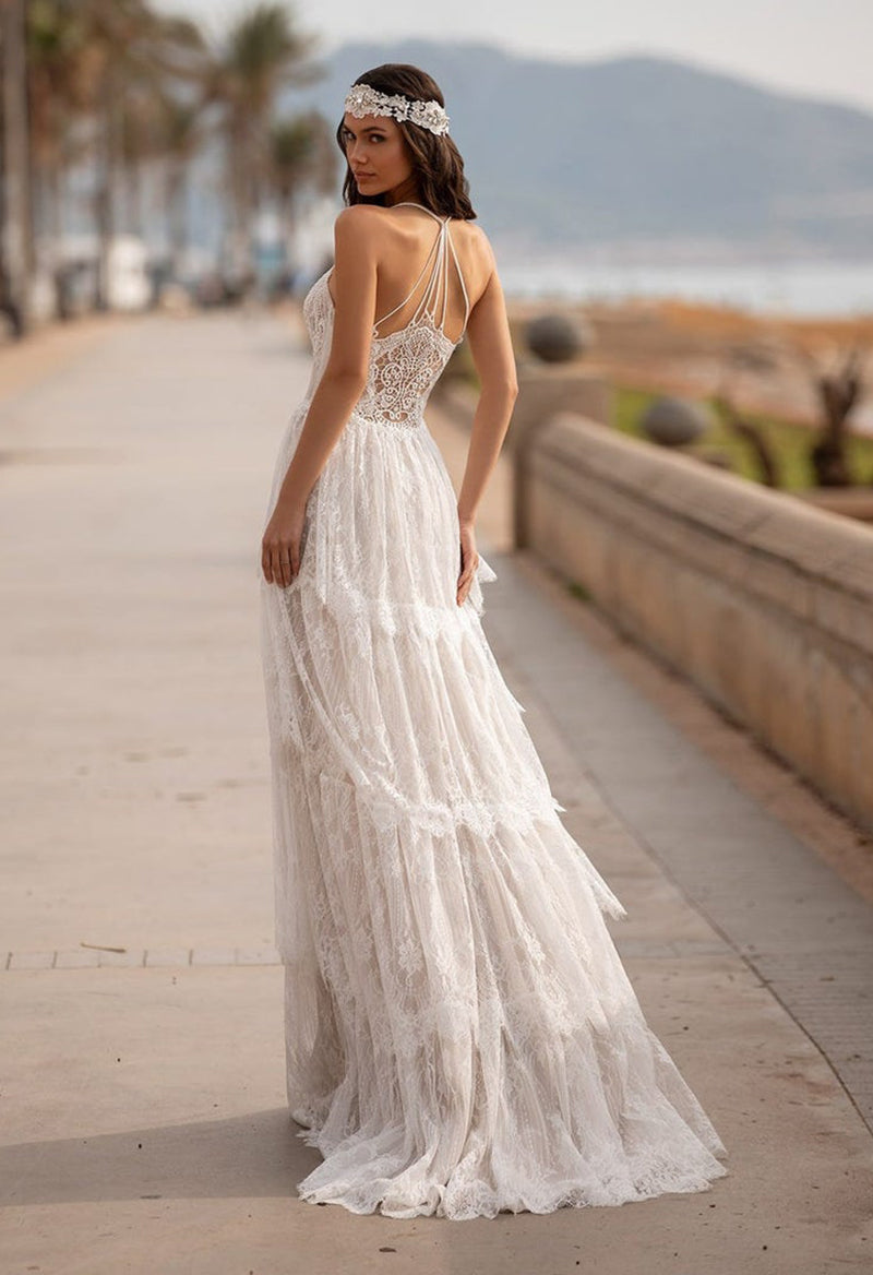 Layered Ruffled Lace Halter Neck Wedding Dress