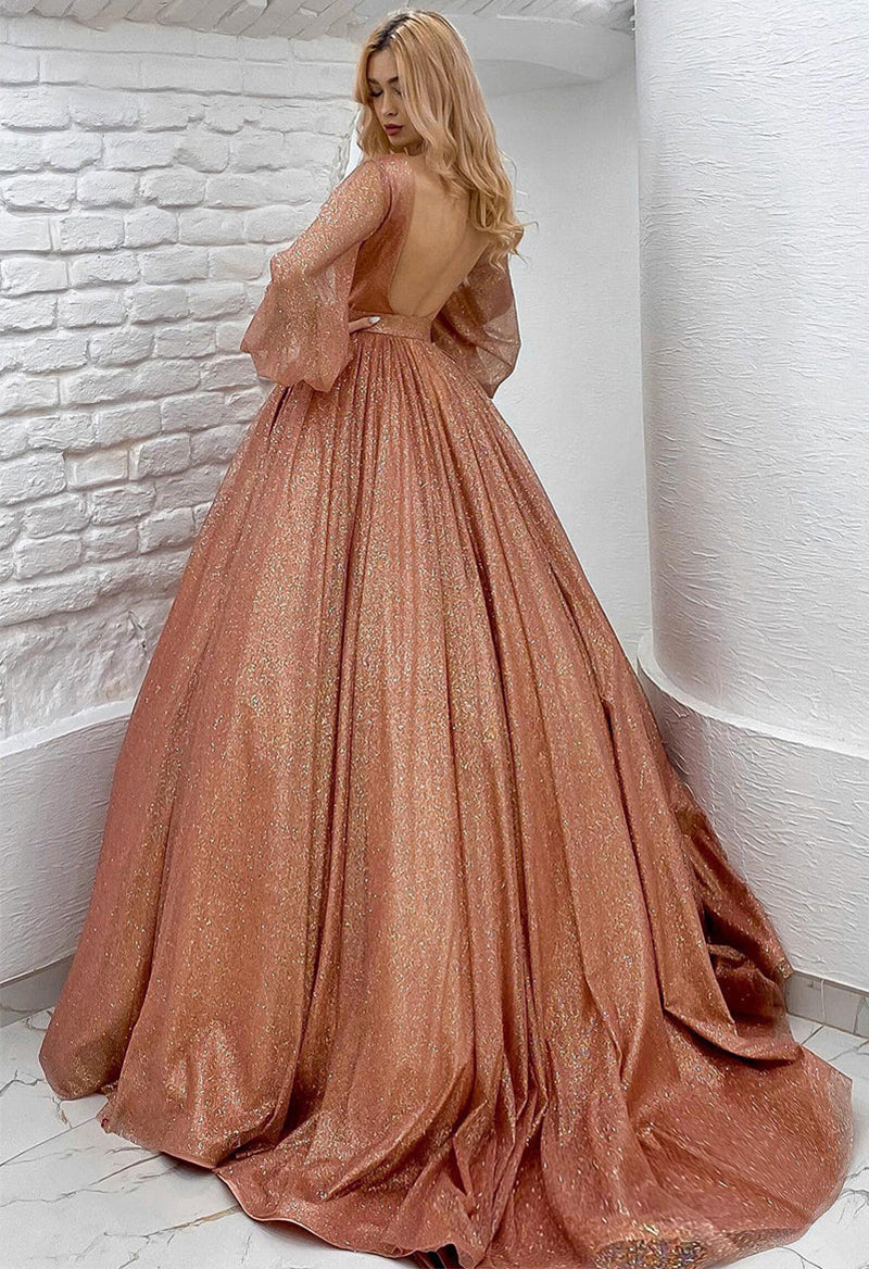 Shiny Lace Puff Sleeve Ball Gown Evening Dress