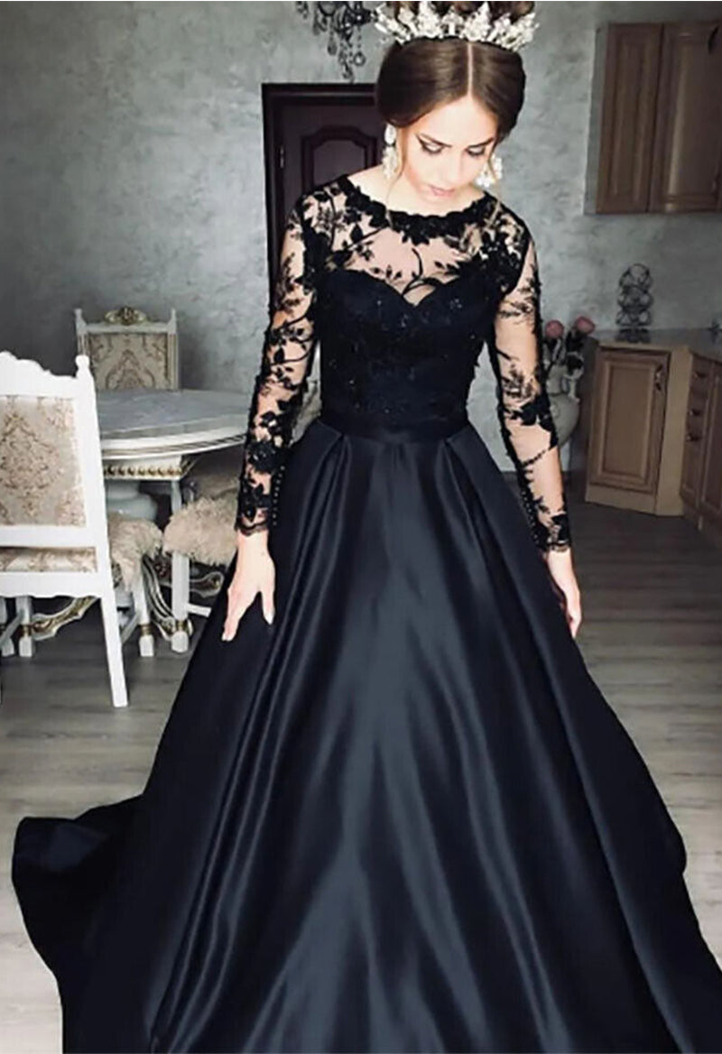 Pocket Long Sleeve Jewel Neck Applique Wedding Dress Black