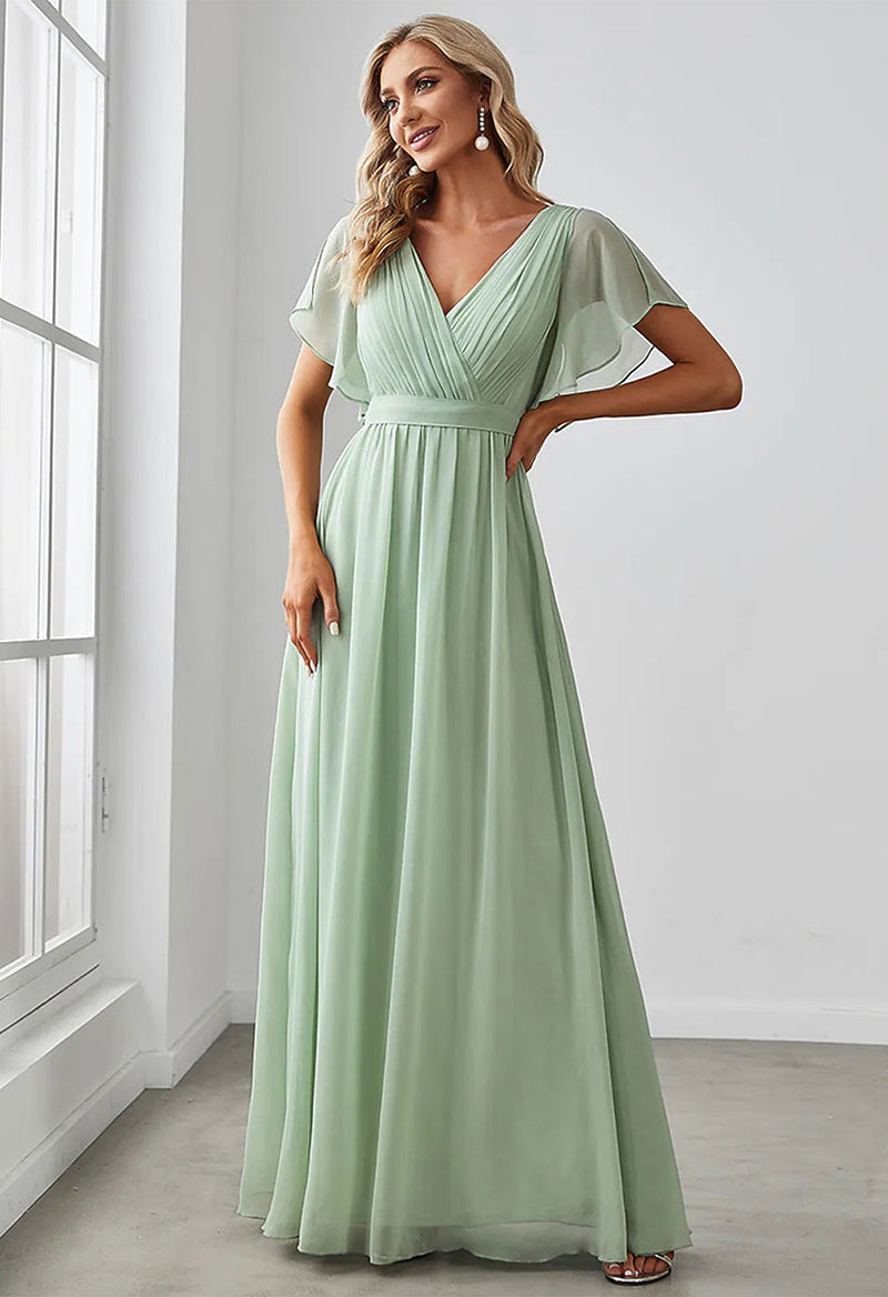 V Neck Chiffon Flare Sleeve Pleated Bridesmaid Dress As Picture