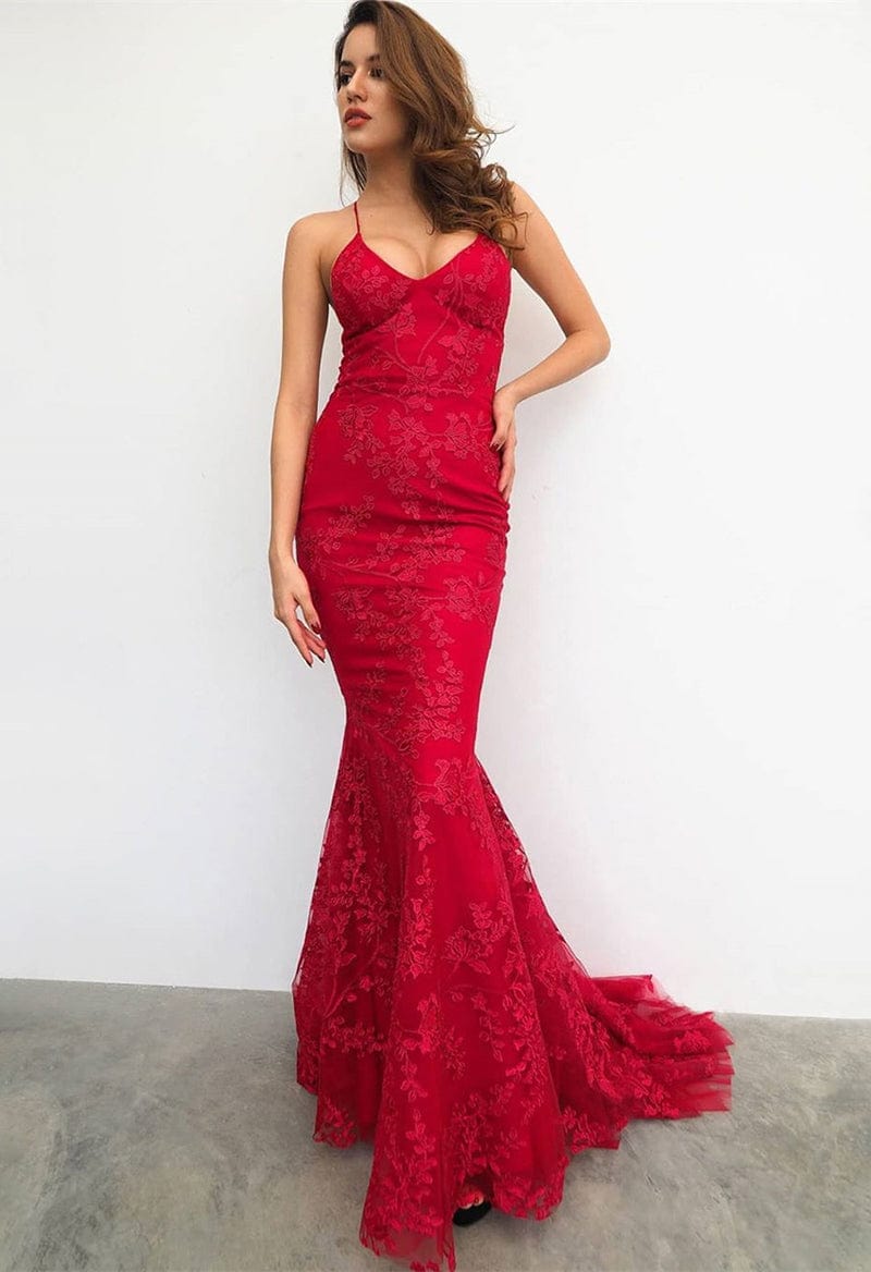 Mermaid Lace-Up Back Long Evening Dress with Lace Appliques As Picture