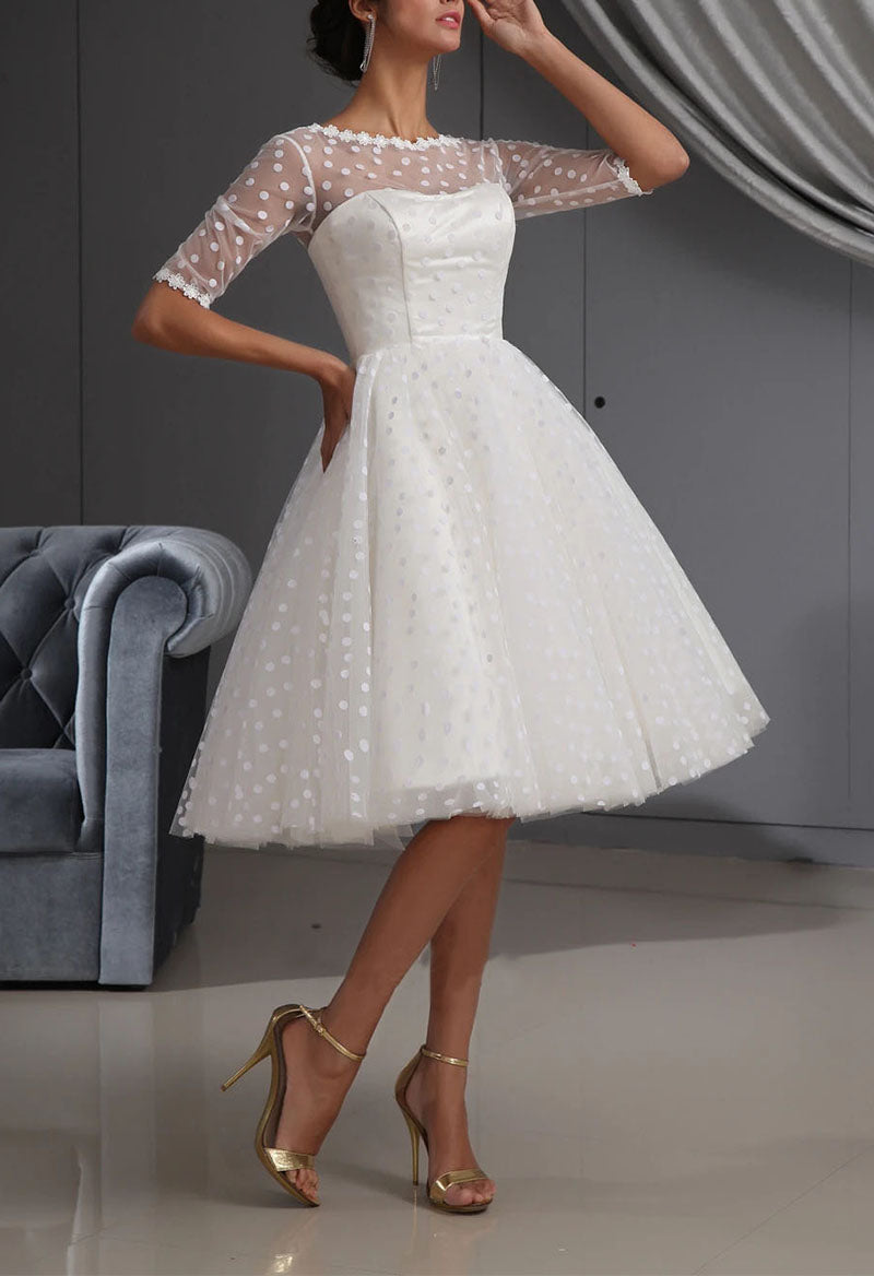 Polka Dot Vintage A-Line Short Sleeve Scoop Neck Wedding Dress