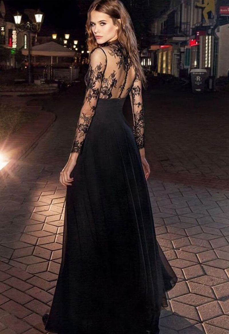 High Neck Long Sleeve Illusion Back Applique Wedding Dress