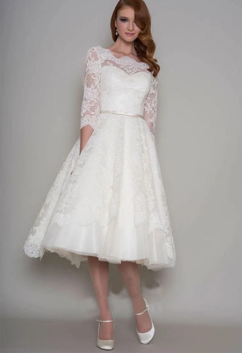 Short Illusion Lace 3/4 Sleeve Tea Length Wedding Dress As Picture
