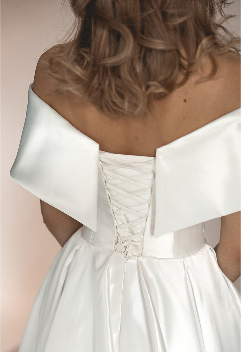 Open Back Pleated Tea Length A-Line Sleeveless Off Shoulder Satin Wedding Dress