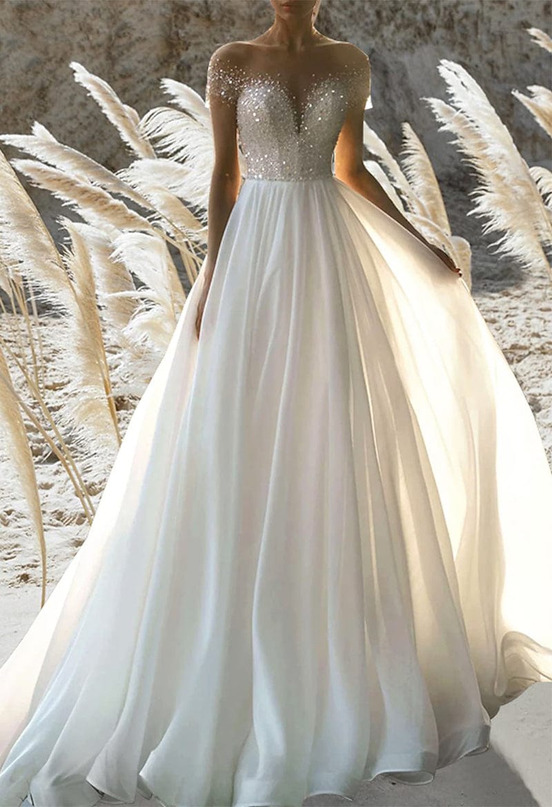 A-Line Short Sleeve Illusion Neck Chiffon Pleated Beaded Beach Wedding Dresses As Picture