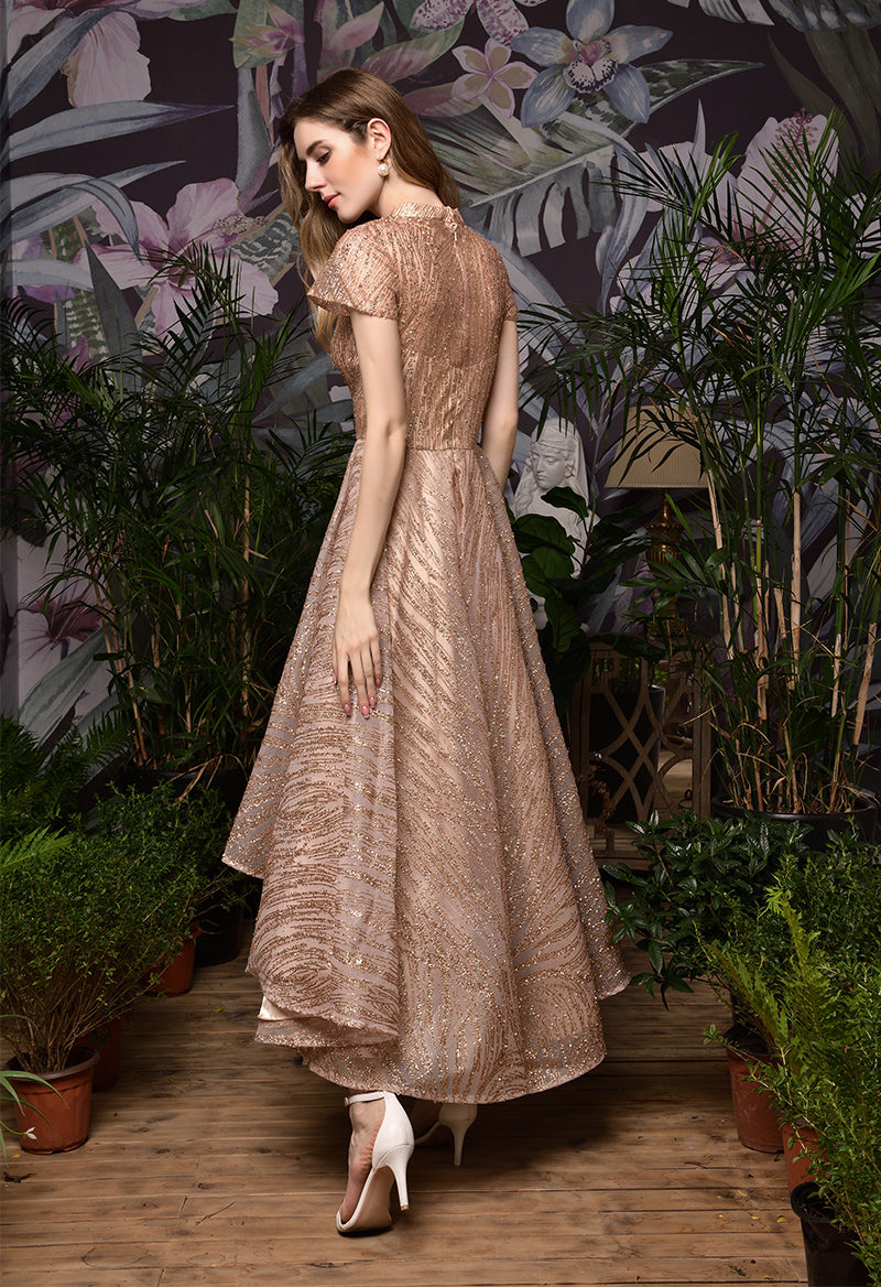 High Neck Cap Sleeve Sequin High and Low Prom Dress