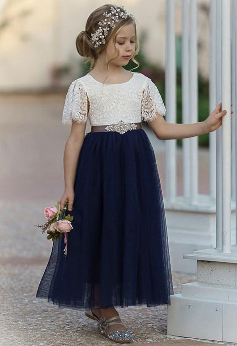 Tulle Lace Short Sleeve Belt Ankle Length Flower Girl Dress As Picture