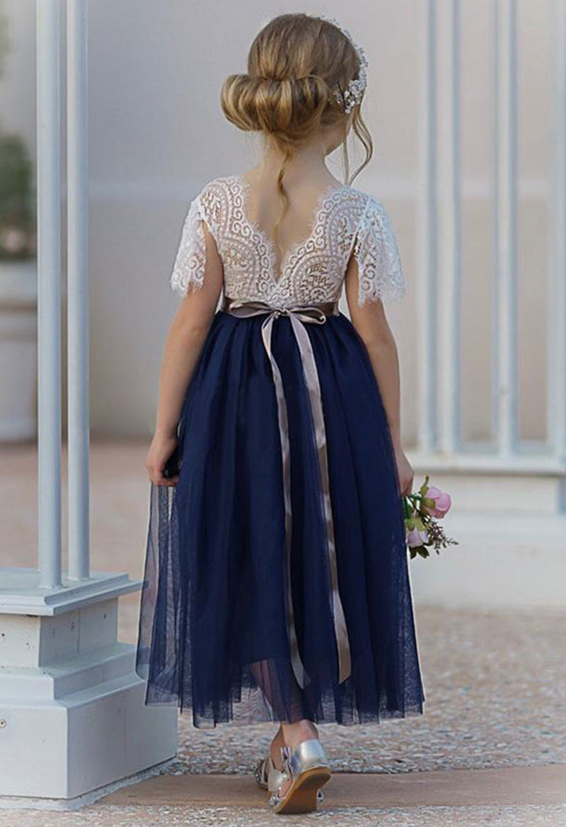 Tulle Lace Short Sleeve Belt Ankle Length Flower Girl Dress
