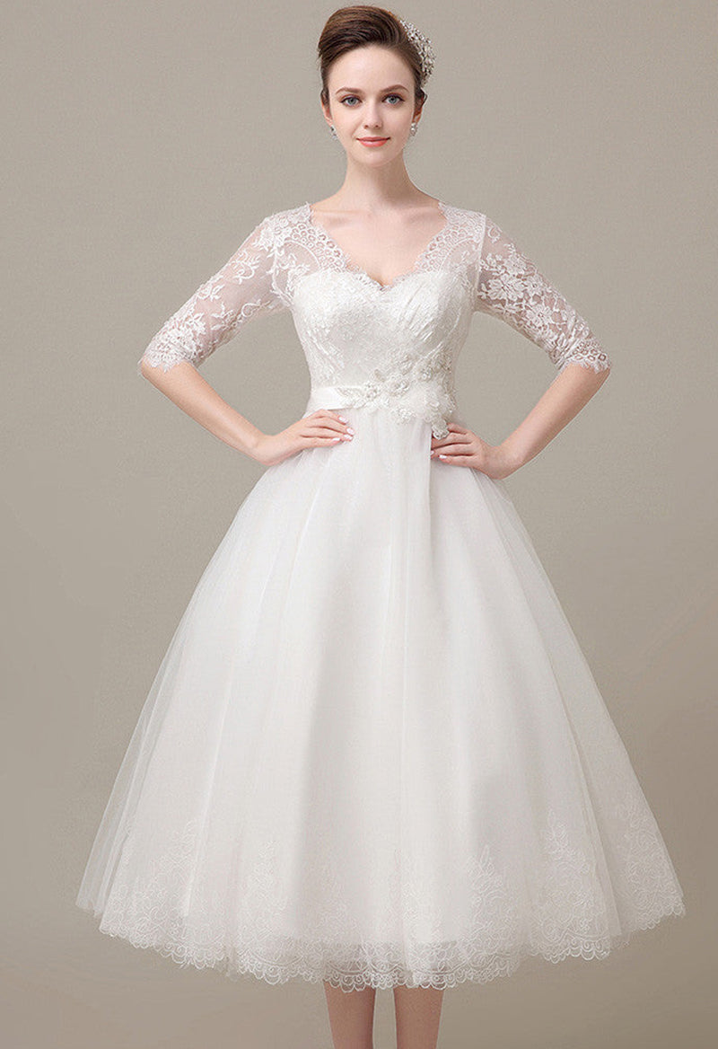 Jewel Neck Half Sleeve Open Back Tulle Wedding Dress As Picture